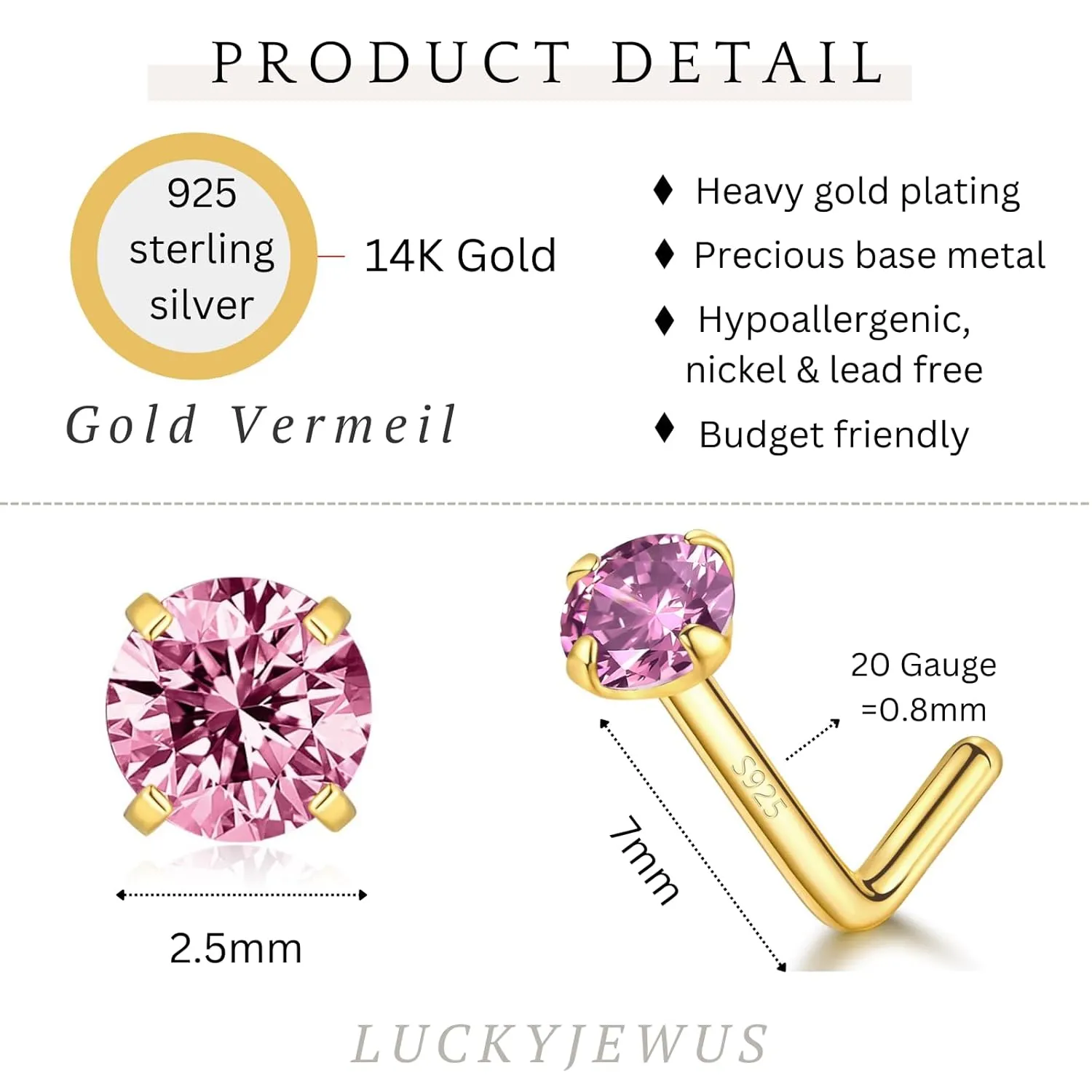 14k Gold Plated Sterling Silver L Shaped Nose Rings Studs for Women Men 20g, Small L Shape Nose Stud, 20 Gauge Nose Piercing Stud, Hypoallergenic Nose Nostril Piercing Jewelry (Gold - Pink Crystal)