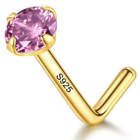 14k Gold Plated Sterling Silver L Shaped Nose Rings Studs for Women Men 20g, Small L Shape Nose Stud, 20 Gauge Nose Piercing Stud, Hypoallergenic Nose Nostril Piercing Jewelry (Gold - Pink Crystal)