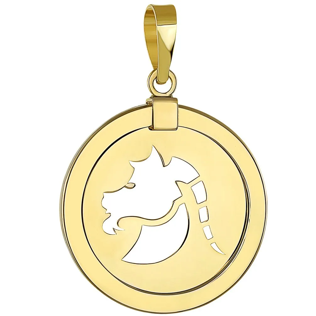 14K Gold Reversible Round Capricorn Goat Zodiac Sign Pendant with Cuban Chain Necklace - Yellow Gold