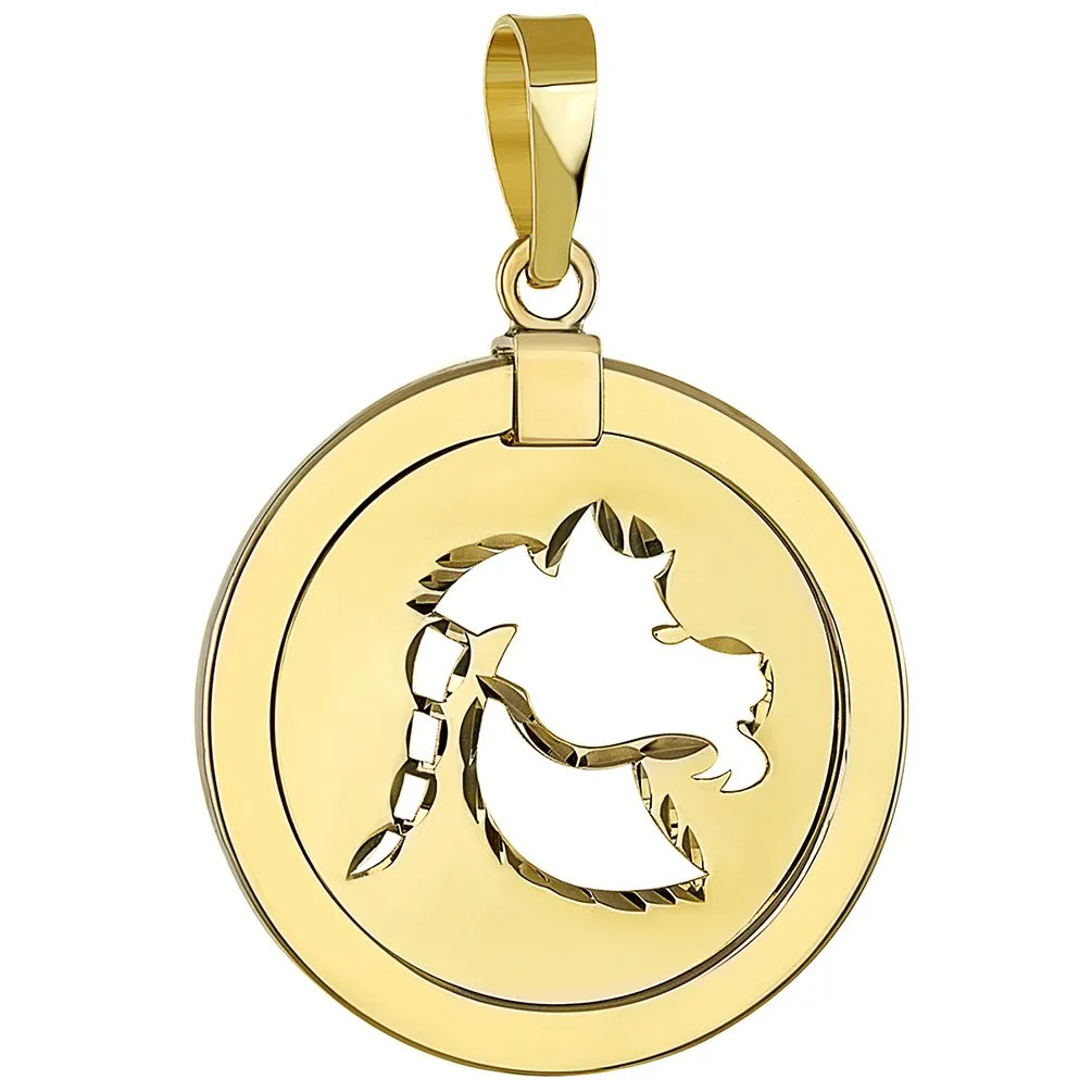 14K Gold Reversible Round Capricorn Goat Zodiac Sign Pendant with Cuban Chain Necklace - Yellow Gold