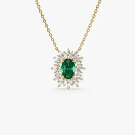 14k Oval Shape Emerald Necklace with Ballerina Baguettes