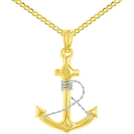 14k Two-Tone Gold Polished 3D Anchor with Rope Pendant with Cuban Curb Chain Necklace