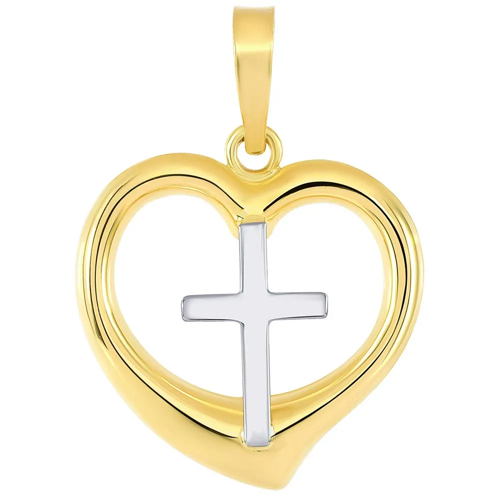 14k Two-Tone Gold Religious Cross Charm in 3D Heart Charm Pendant with Rolo Cable Chain Necklace