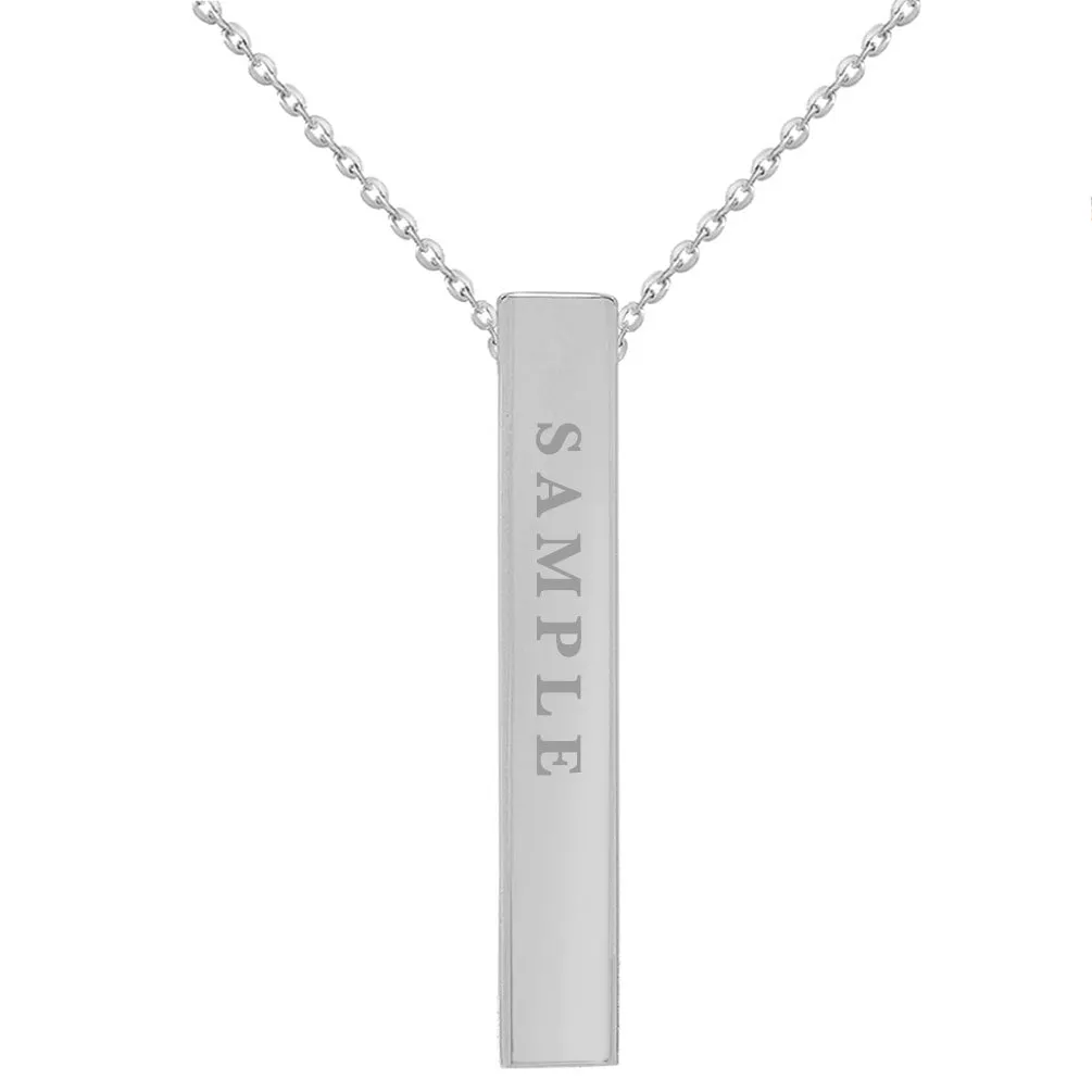 14k White Gold Engravable Personalized Four Sided Vertical Bar Necklace with Spring Ring Clasp, 18"