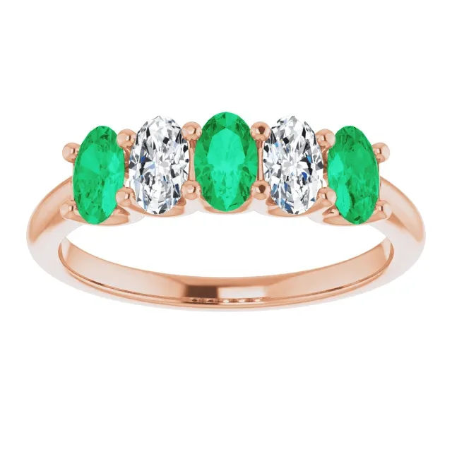 14KT GOLD 0.75 CTW EMERALD & 0.50 CTW DIAMOND OVAL 5 STONE BAND