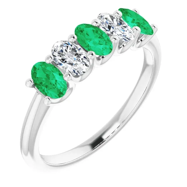 14KT GOLD 0.75 CTW EMERALD & 0.50 CTW DIAMOND OVAL 5 STONE BAND