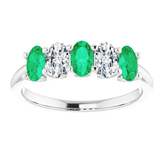 14KT GOLD 0.75 CTW EMERALD & 0.50 CTW DIAMOND OVAL 5 STONE BAND