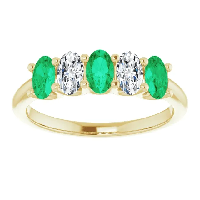 14KT GOLD 0.75 CTW EMERALD & 0.50 CTW DIAMOND OVAL 5 STONE BAND