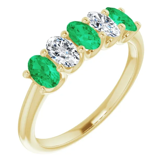 14KT GOLD 0.75 CTW EMERALD & 0.50 CTW DIAMOND OVAL 5 STONE BAND