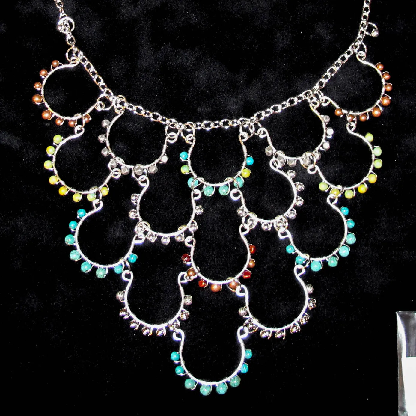 15-Loop, Hand-Shaped, Bead-Wrapped, Wire Loop Necklace with Mixed Gemstones & Pearls