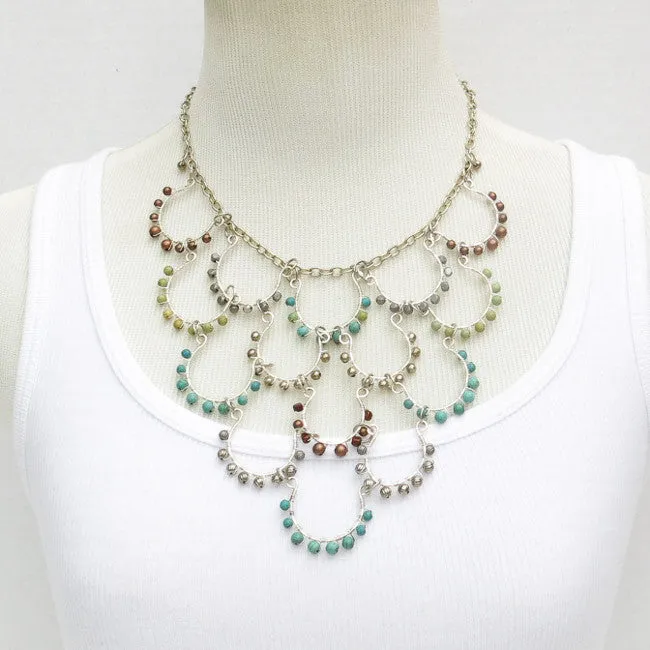 15-Loop, Hand-Shaped, Bead-Wrapped, Wire Loop Necklace with Mixed Gemstones & Pearls