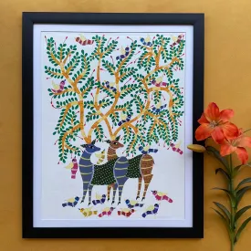 25.5 Inches Deer With Tree Gond Art Framed - Handpainted Wall Decor