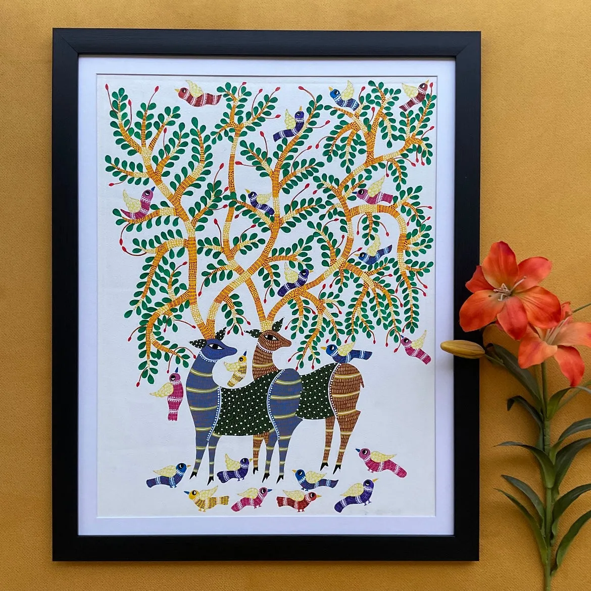 25.5 Inches Deer With Tree Gond Art Framed - Handpainted Wall Decor
