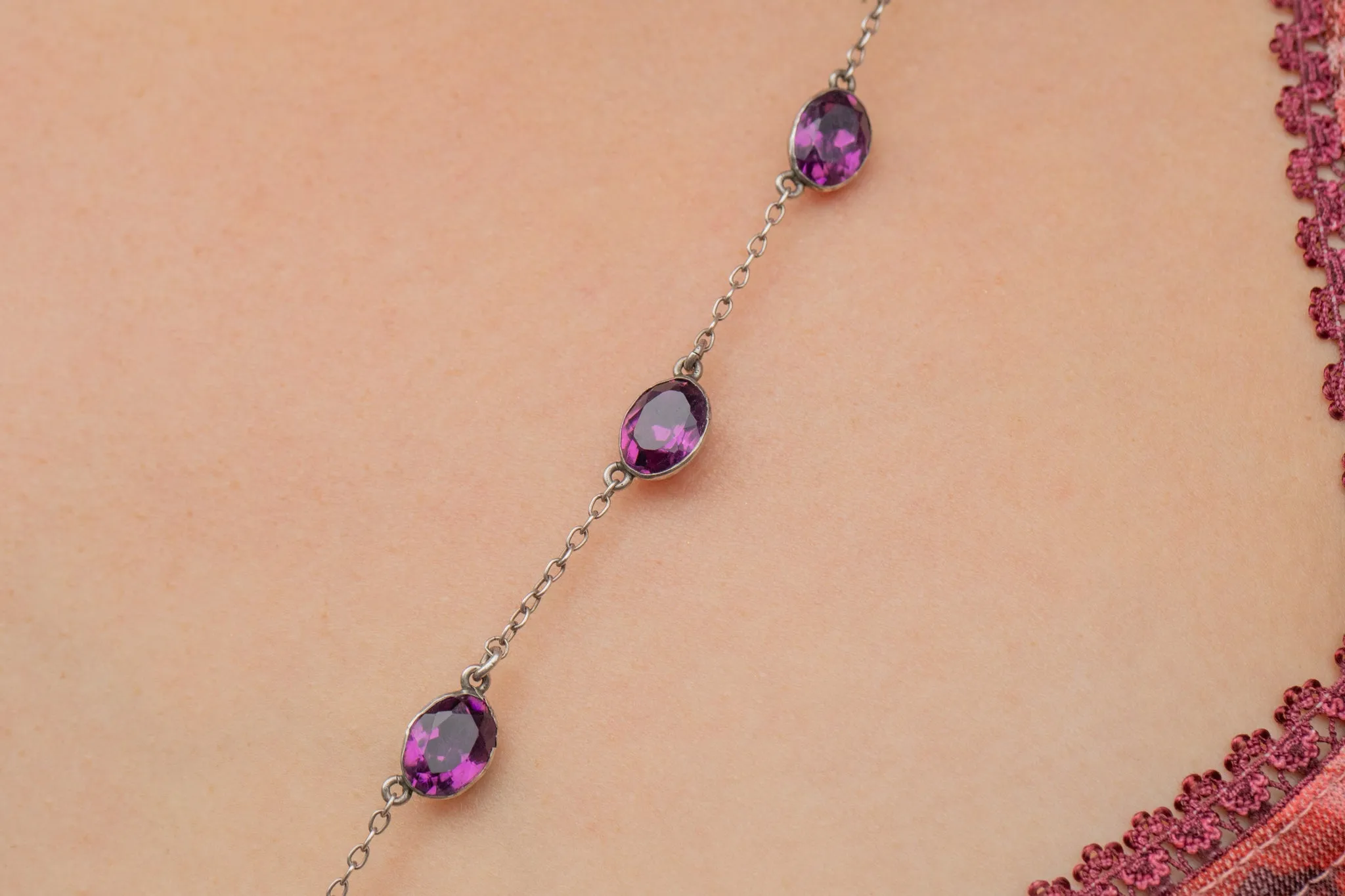 28" Antique Silver Amethyst Paste Necklace