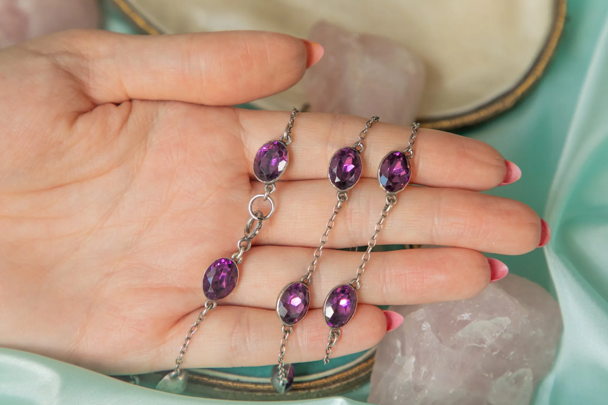 28" Antique Silver Amethyst Paste Necklace