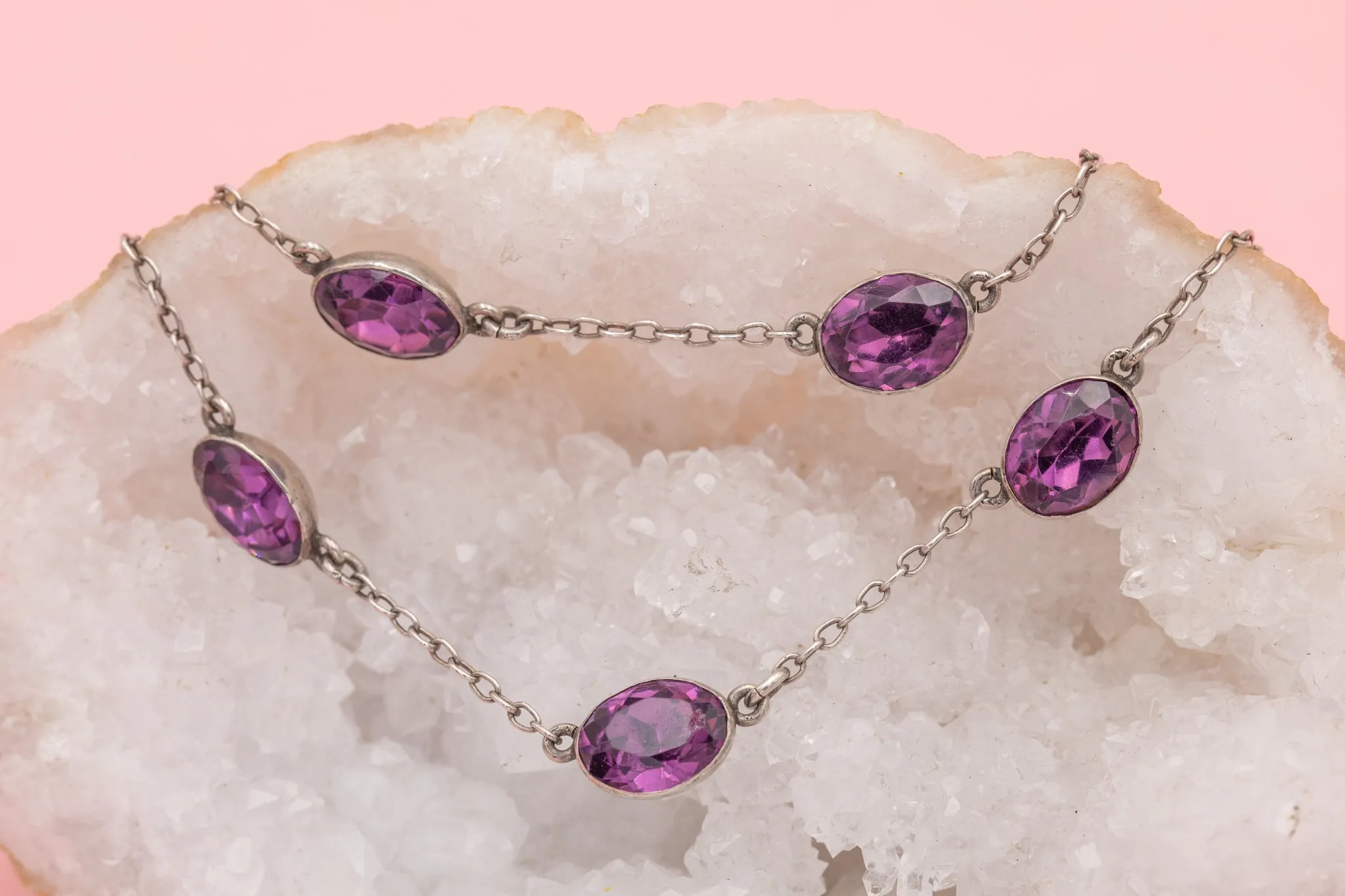 28" Antique Silver Amethyst Paste Necklace