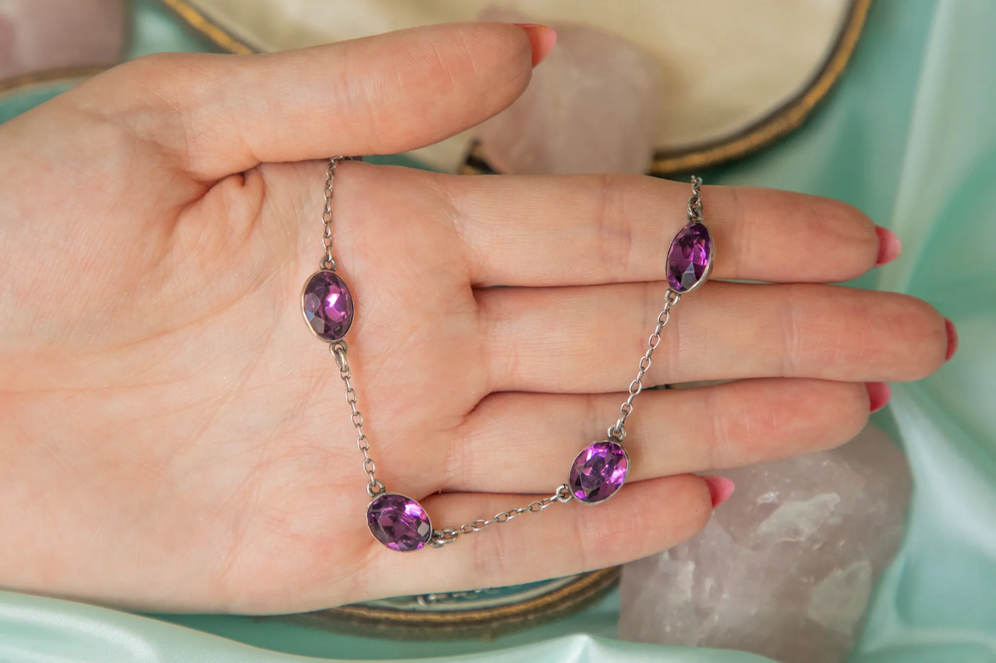 28" Antique Silver Amethyst Paste Necklace