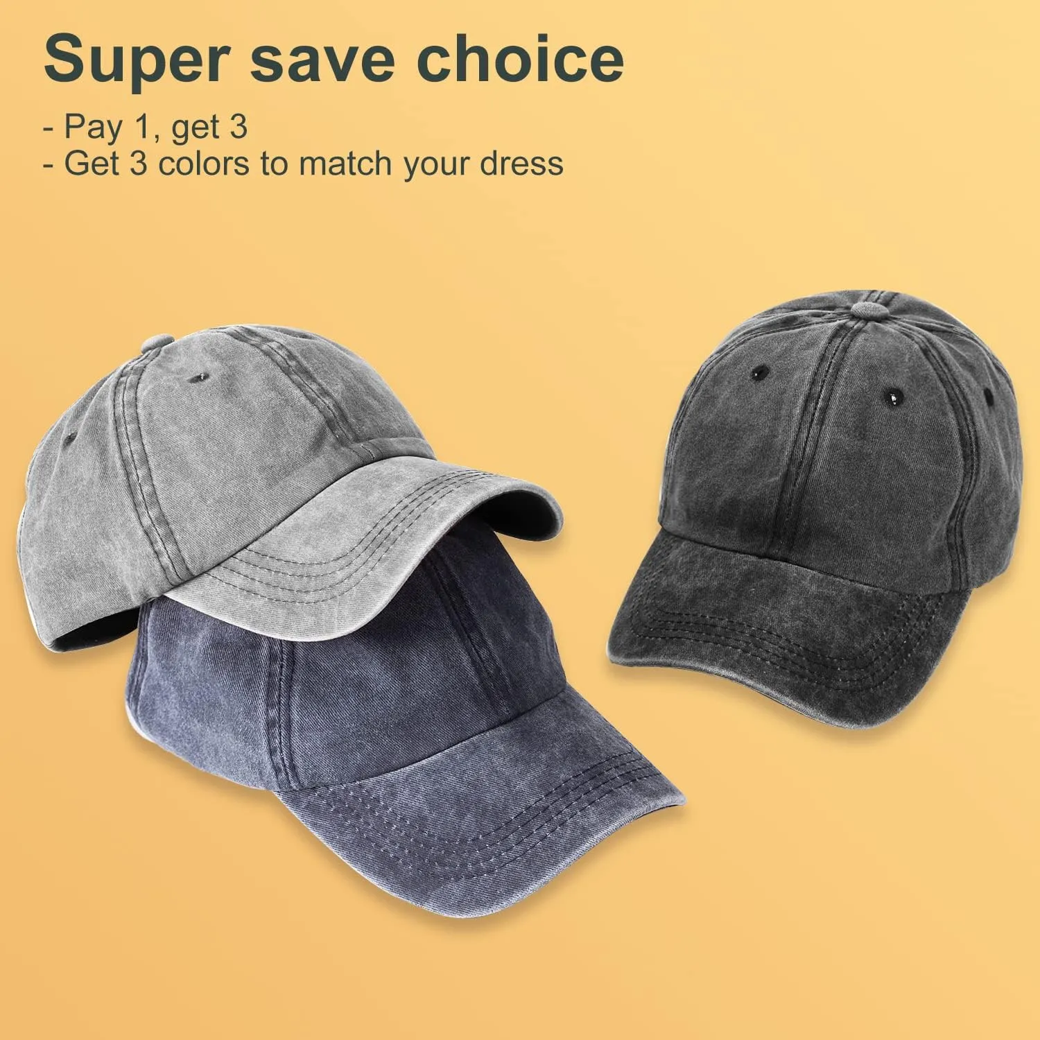 3 Pack Washed Plain Baseball Cap, Retro Adjustable Dad Hats Gift for Men/Women,Unstructured/Cotton
