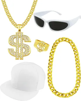 5 Pack Hip Hop Costume Kit Rapper Accessories 2000s 80s 90s Outfit Fake Gold Chain Sunglasses Ring Hat for Rapper