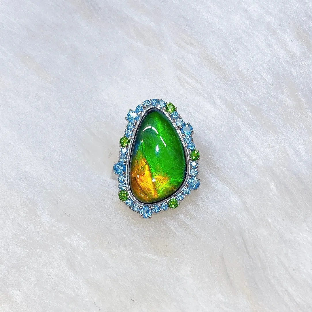 Ammolite Ring Sterling Silver WAVES HALO Ring