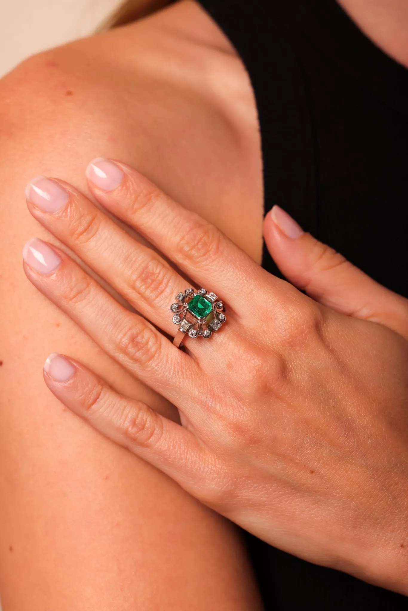 Art Deco GIA Octagonal Cut Emerald Diamond 18K White Gold Ring