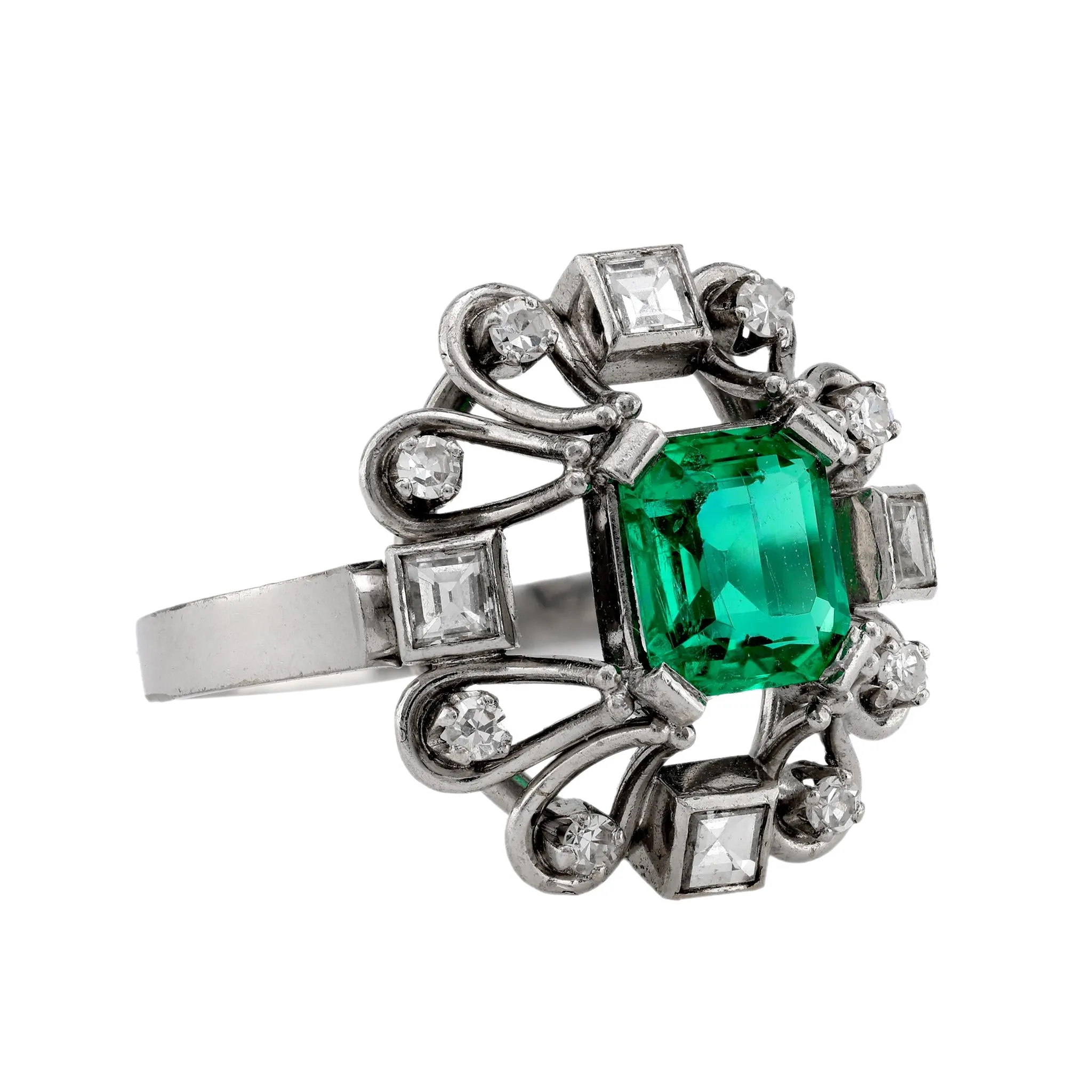 Art Deco GIA Octagonal Cut Emerald Diamond 18K White Gold Ring