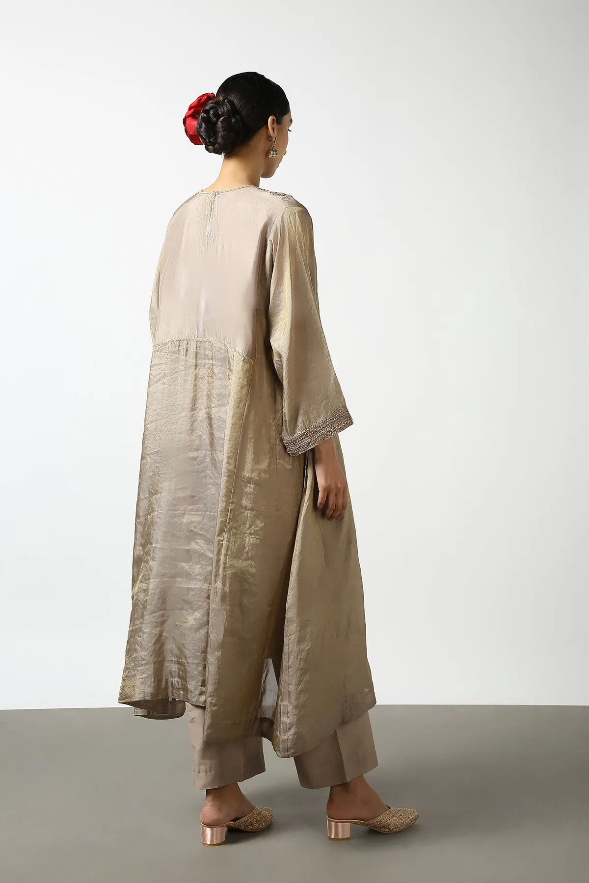 Banaras Tissue Top with Gold Beadwork Yoke. Kanchi cotton Pant
