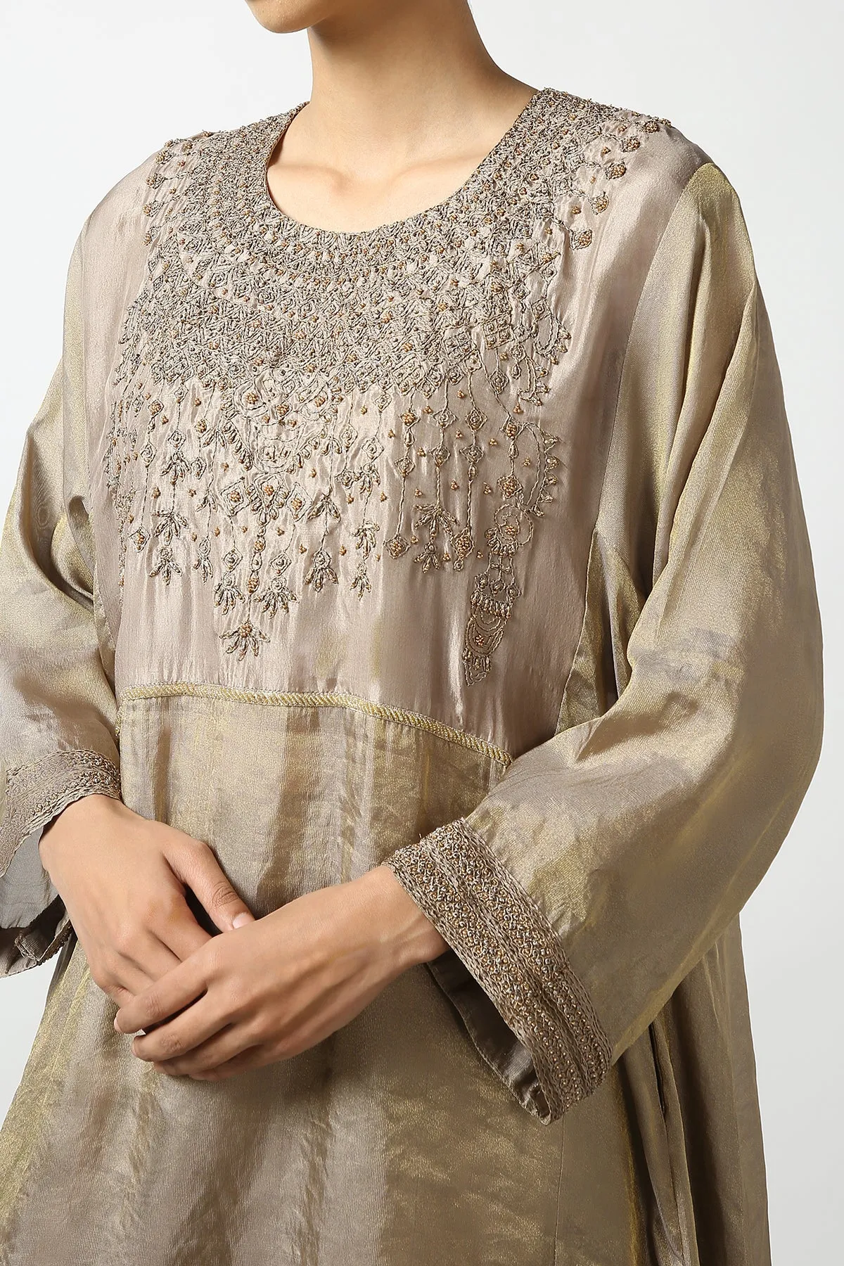 Banaras Tissue Top with Gold Beadwork Yoke. Kanchi cotton Pant