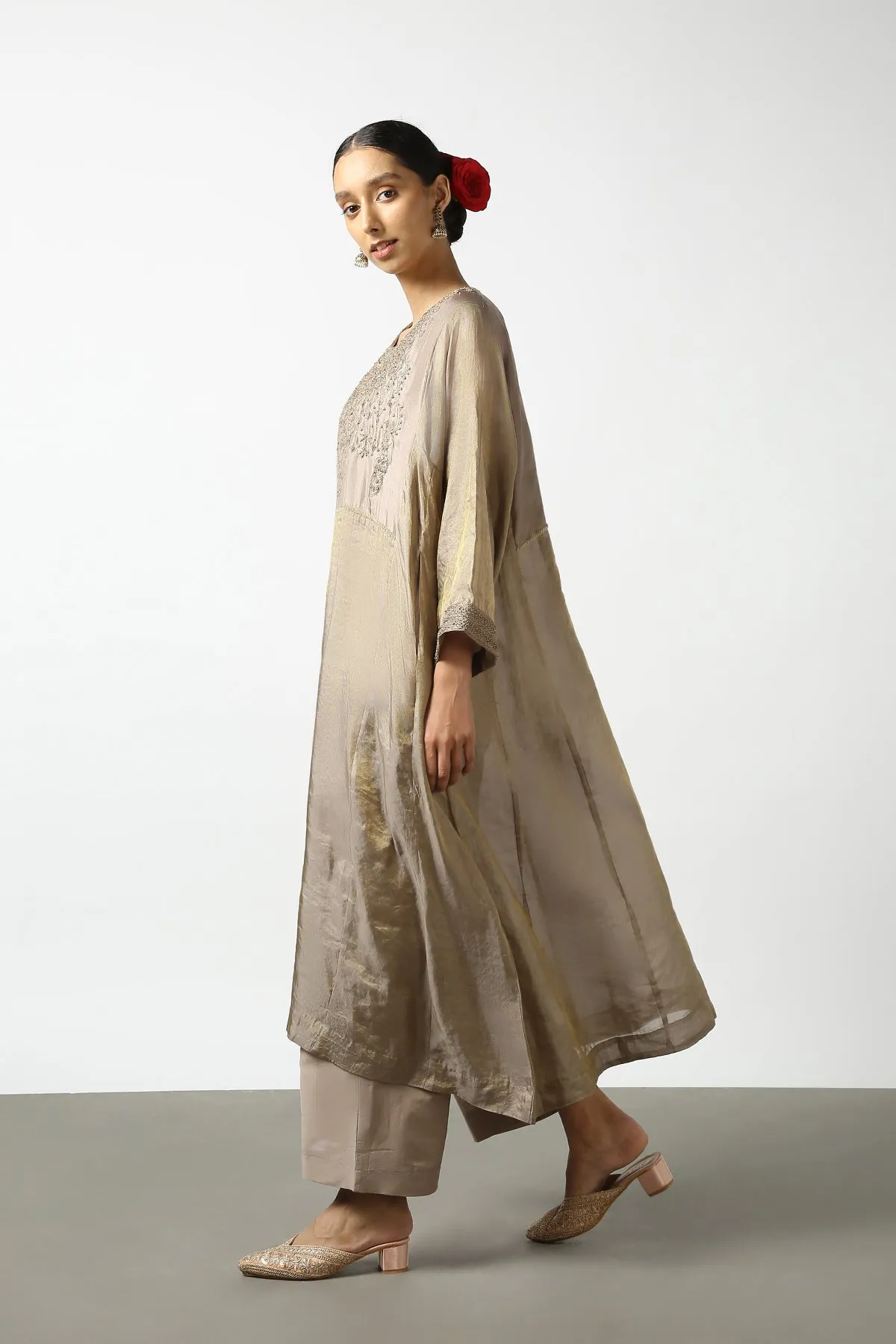 Banaras Tissue Top with Gold Beadwork Yoke. Kanchi cotton Pant
