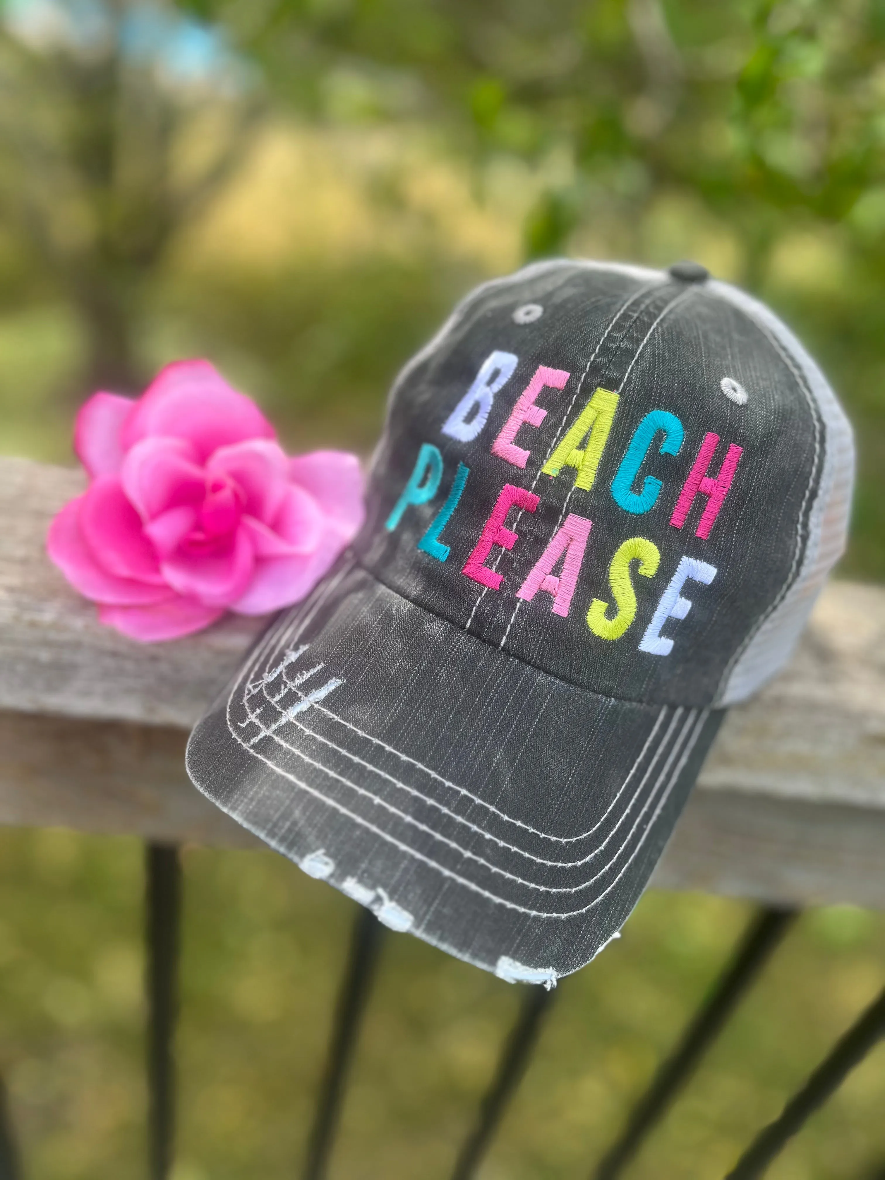 Beach hats and tanks Embroidered distressed trucker caps.