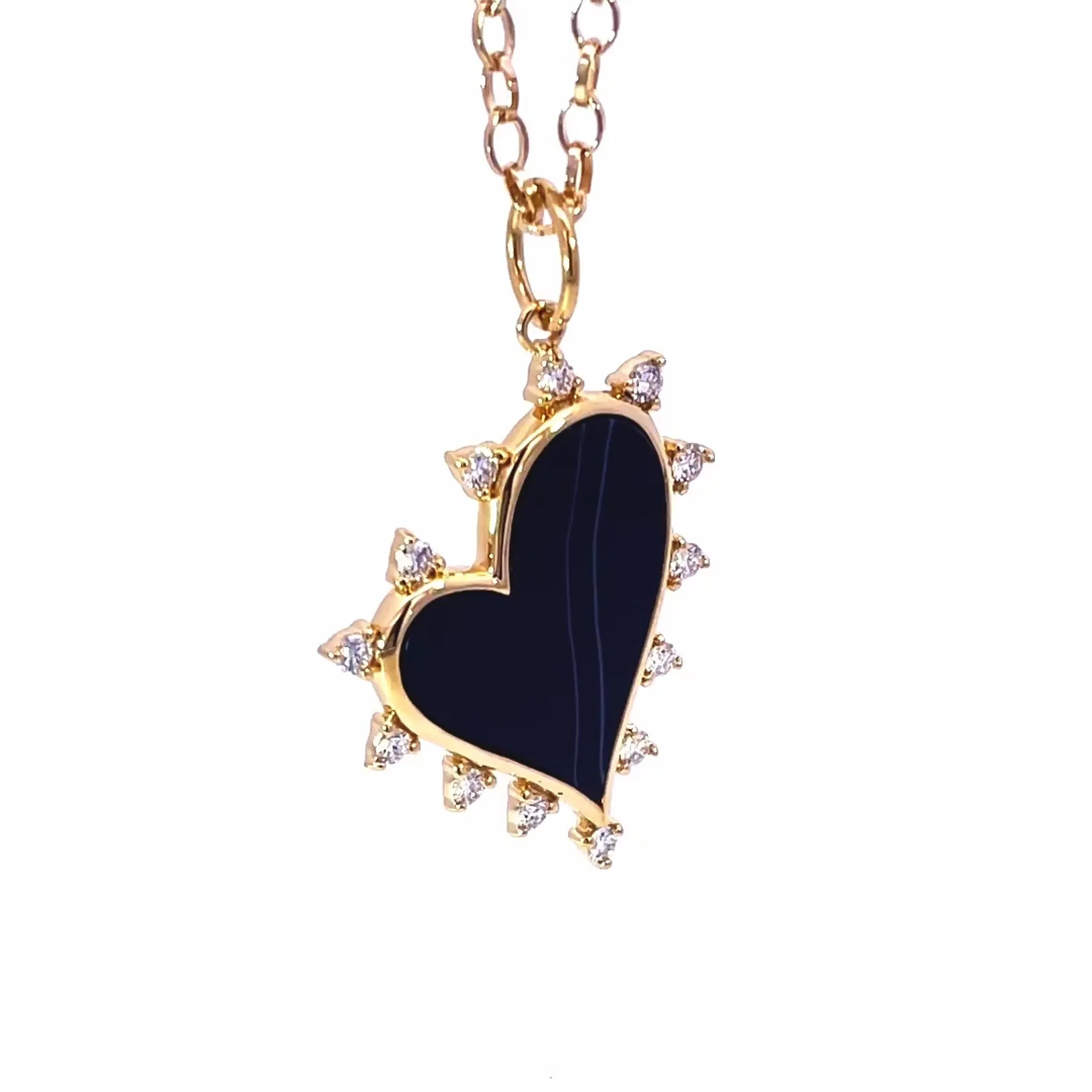 Black Agate Heart Necklace with Diamonds