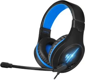 C100 Stereo PC Gaming Headset with Noise Isolaing Mic,Blue LED Light,Over Ears Soft Menory Earmuffs with in- Line Volume Control for Xbox One,PS4,PS5,Mac,PC,Laptop (Blue)