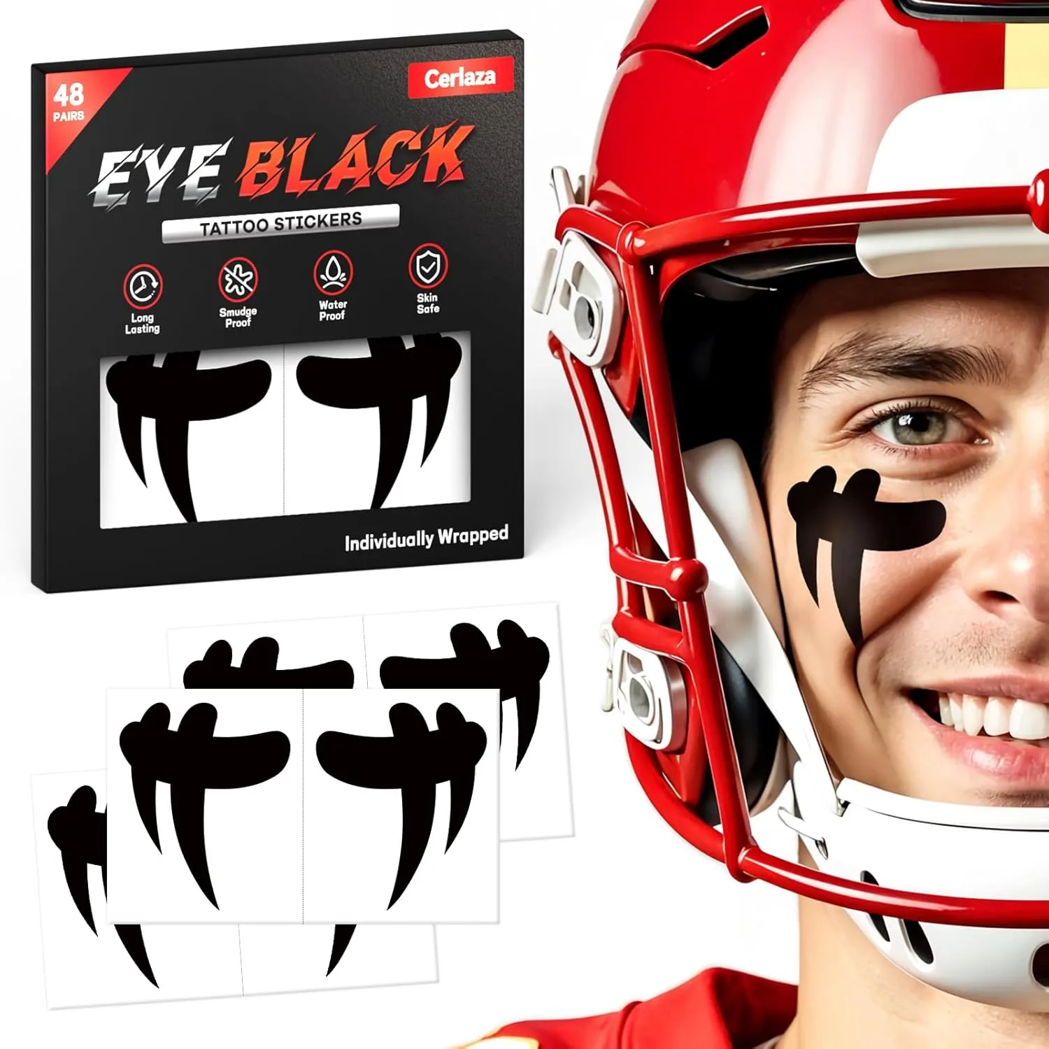 Cerlaza Baseball Accessories, 48 Pairs Eye Black Stickers Smudgeproof, Individually Wrapped Eye Black Tattoos for Football Soccer, Game Day Party Sports Eyeblack