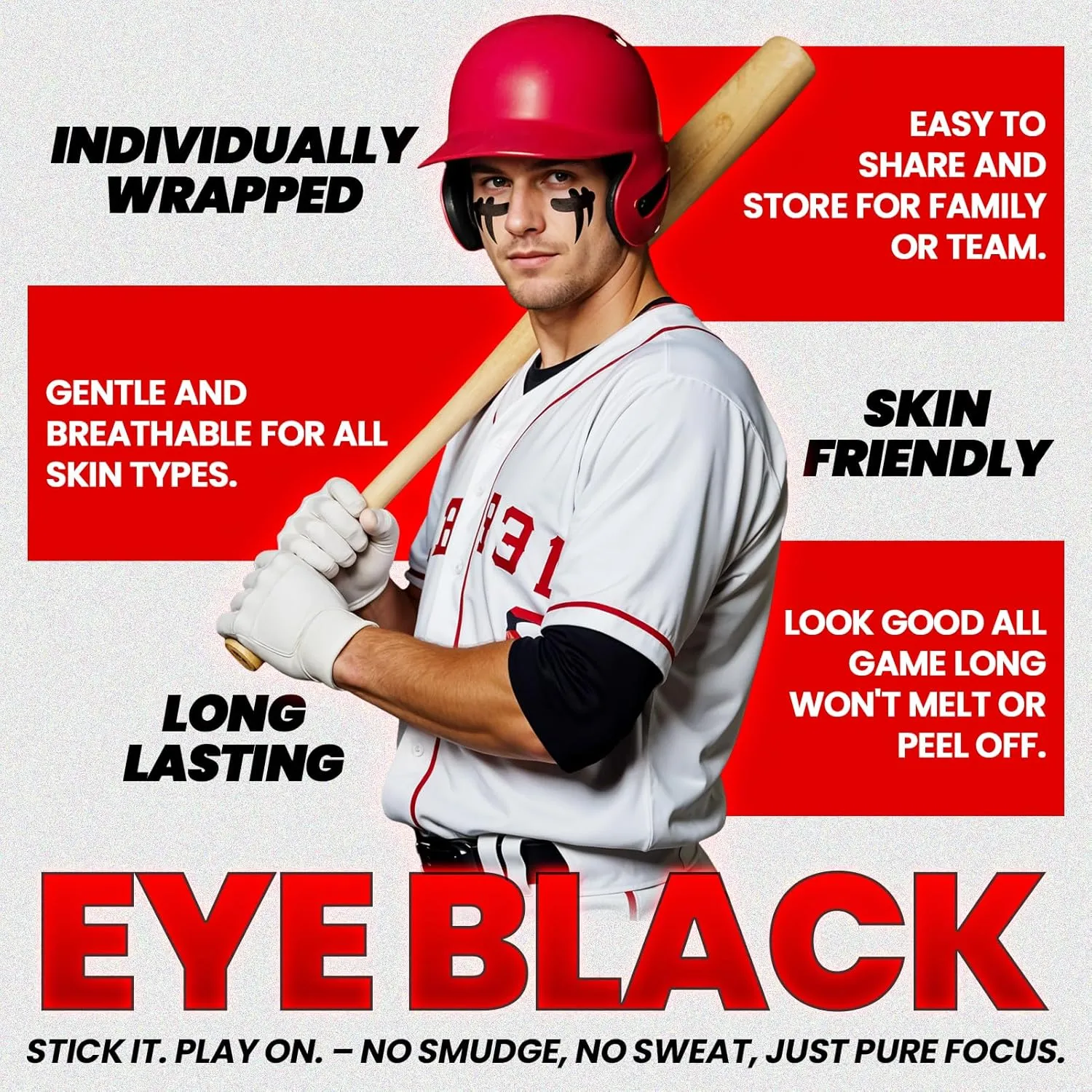 Cerlaza Baseball Accessories, 48 Pairs Eye Black Stickers Smudgeproof, Individually Wrapped Eye Black Tattoos for Football Soccer, Game Day Party Sports Eyeblack