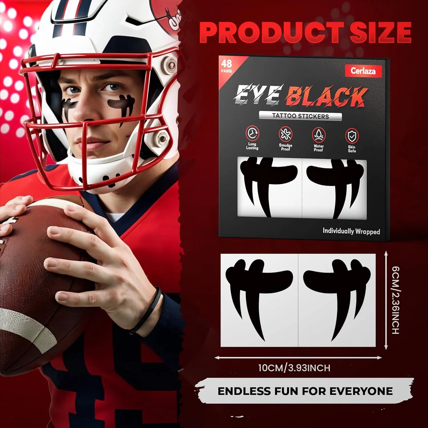 Cerlaza Baseball Accessories, 48 Pairs Eye Black Stickers Smudgeproof, Individually Wrapped Eye Black Tattoos for Football Soccer, Game Day Party Sports Eyeblack