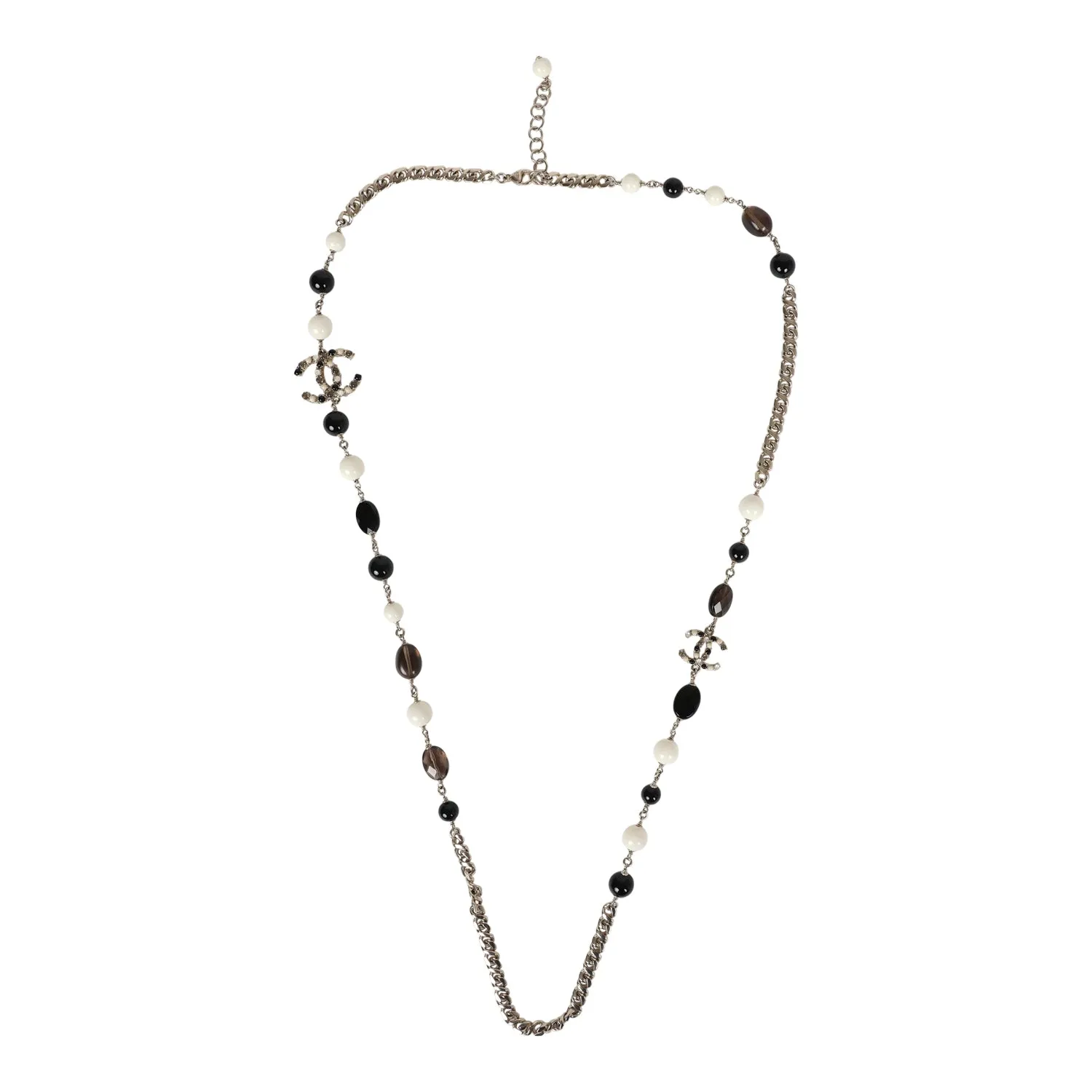 Chanel CC Long Beaded Necklace White/Black/Grey Light Gold Hardware