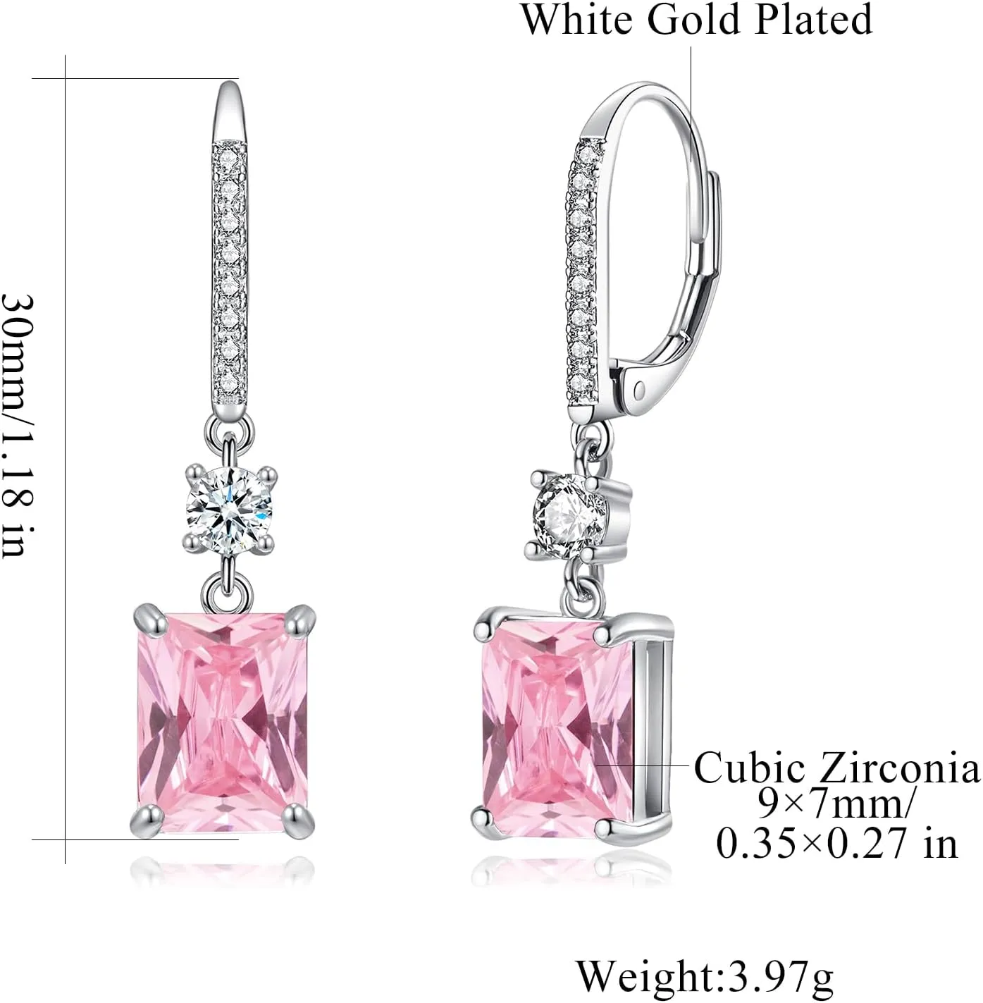 CiNily Rectangular-cut Drop Dangle Earrings for Women Hypoallergenic, Multi-color Cubic Zirconia Earrings Diamond Dangle Earrings Jewelry Gifts for Mothers Day 14K White Gold