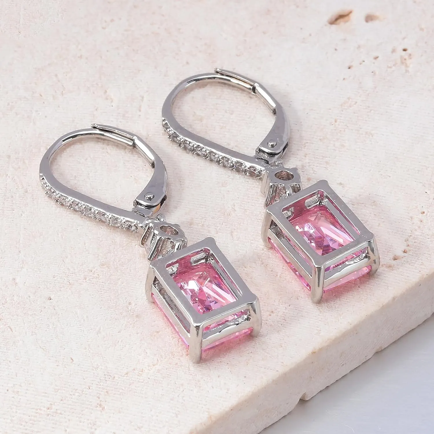 CiNily Rectangular-cut Drop Dangle Earrings for Women Hypoallergenic, Multi-color Cubic Zirconia Earrings Diamond Dangle Earrings Jewelry Gifts for Mothers Day 14K White Gold