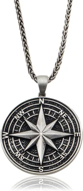 Compass Necklace for Men - Oxidized 925K Sterling Silver - Nautical Wayfinder Medallion with Solid Silver Fox Tail Chain
