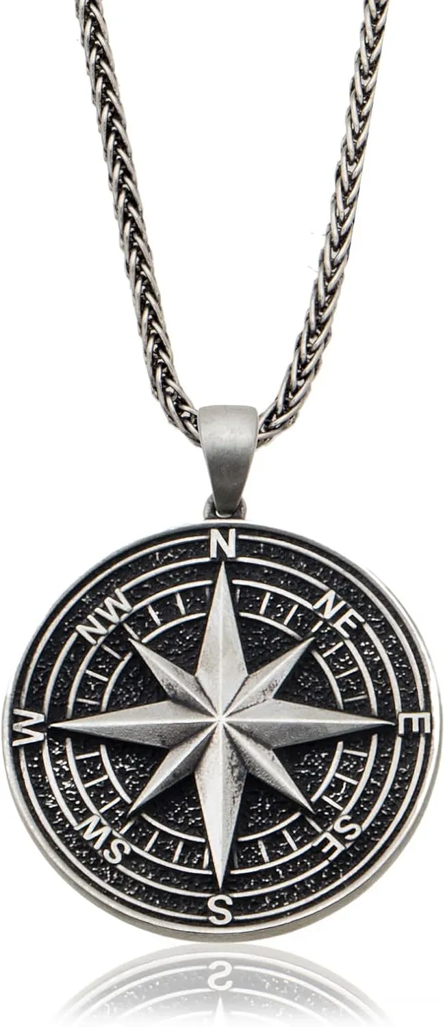 Compass Necklace for Men - Oxidized 925K Sterling Silver - Nautical Wayfinder Medallion with Solid Silver Fox Tail Chain
