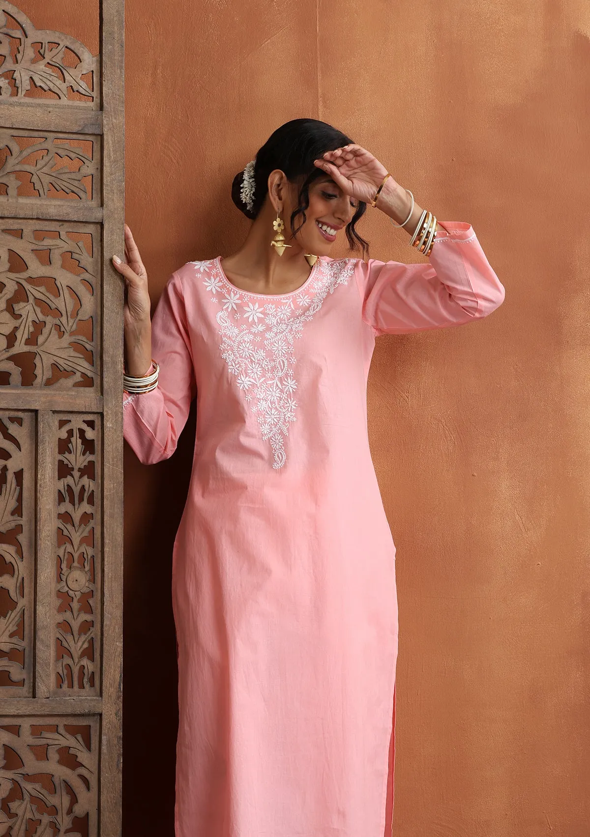 Cotton Chikankari Solid Women's 2 PC Long Kurta Set - Pink