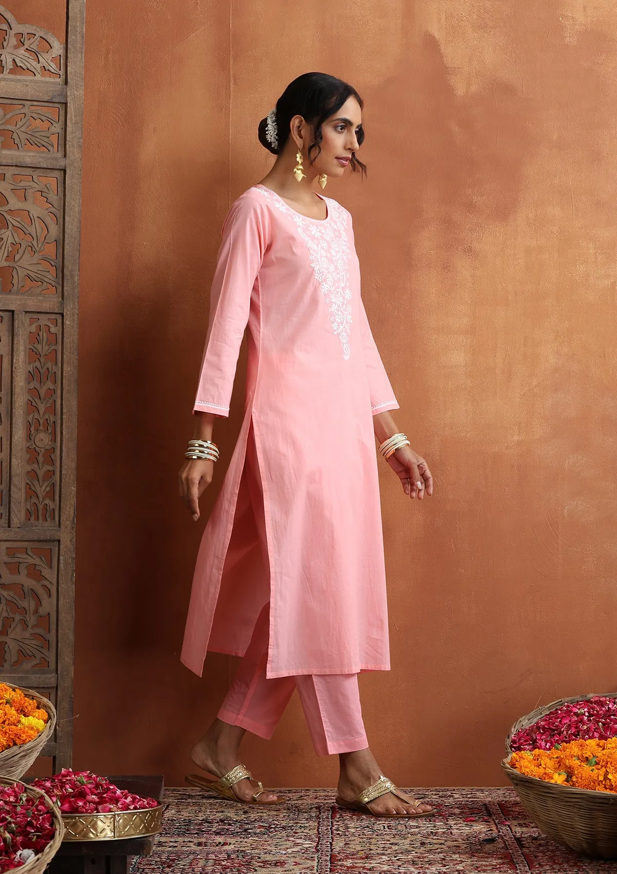 Cotton Chikankari Solid Women's 2 PC Long Kurta Set - Pink