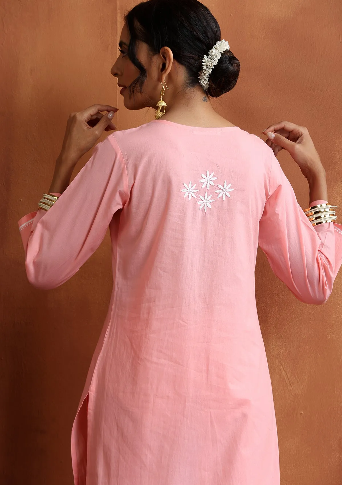 Cotton Chikankari Solid Women's 2 PC Long Kurta Set - Pink