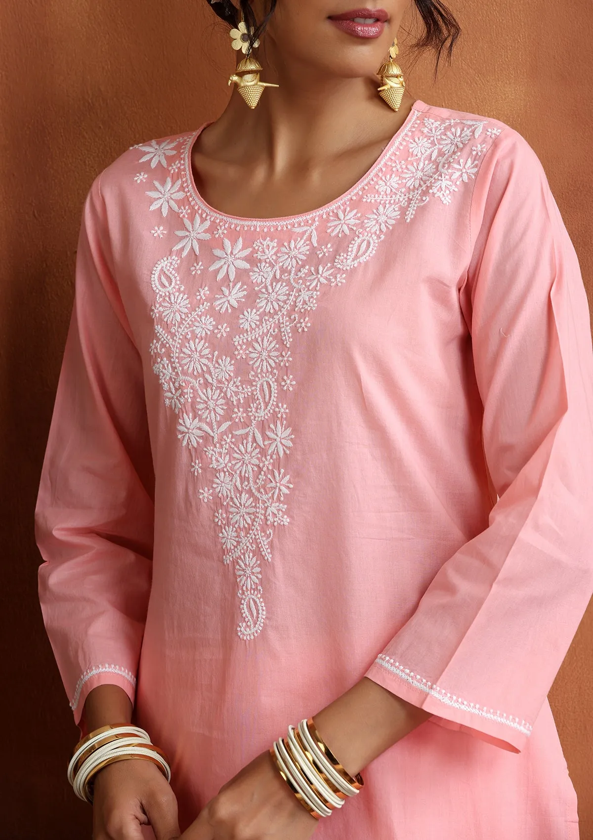 Cotton Chikankari Solid Women's 2 PC Long Kurta Set - Pink