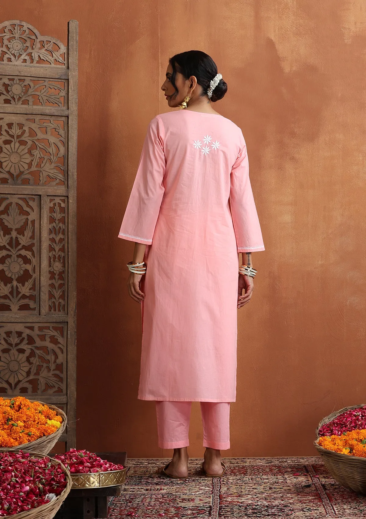 Cotton Chikankari Solid Women's 2 PC Long Kurta Set - Pink