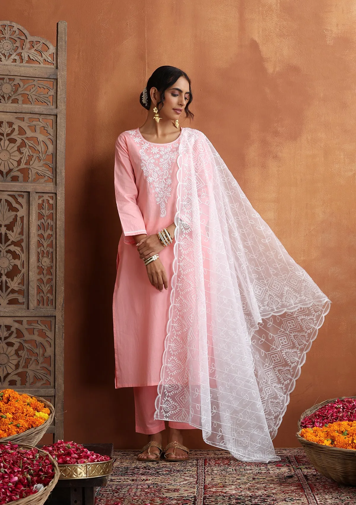 Cotton Chikankari Solid Women's 2 PC Long Kurta Set - Pink