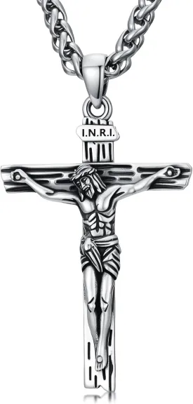 Crucifix Necklace for Men Sterling Silver Men??s Crucifix Jesus Cross Pendant with 22?? 2?? Stainless Steel Chain