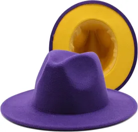 DHAEY 1pack Fashion Jazz Cap Unisex Purple Yellow Patchwork Wool Fedora Hats Men Women Wide Brim Panama Party Trilby Cap Luopan Caps & Hats (Color : Purple Yellow, Size : 59 61cm)