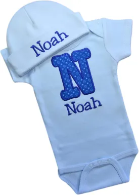 Funny Girl Designs Personalized Embroidered Baby Boys Initial Bodysuit with Matching Hat and Custom Name