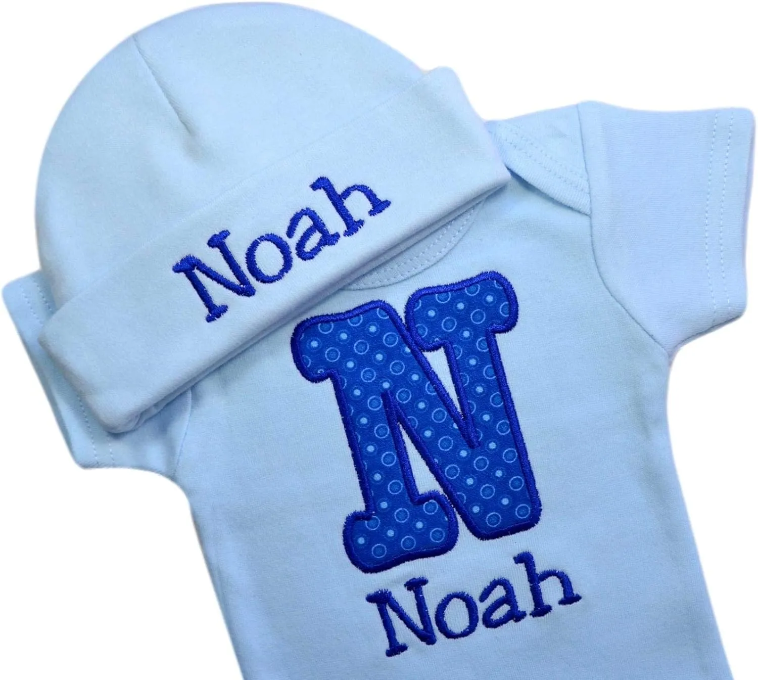 Funny Girl Designs Personalized Embroidered Baby Boys Initial Bodysuit with Matching Hat and Custom Name